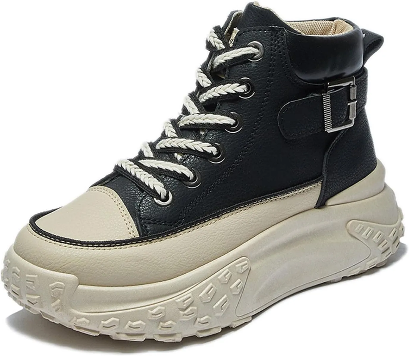 Women's Genuine Leather Lace-Up Platform Sneakers,Outdoor Non-Slip Comfortable High-Top Walking Casual Sneakers