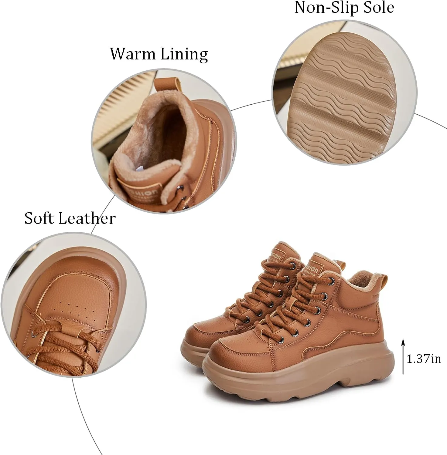 Women's Genuine Leather Platform Lace Up Ankle Boots Cozy Fur Lined Casual High Top Warm Snow Boots Fashion Height Increasing Walking Booties