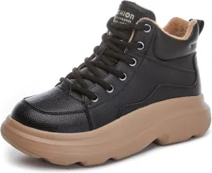 Women's Genuine Leather Platform Lace Up Ankle Boots Cozy Fur Lined Casual High Top Warm Snow Boots Fashion Height Increasing Walking Booties