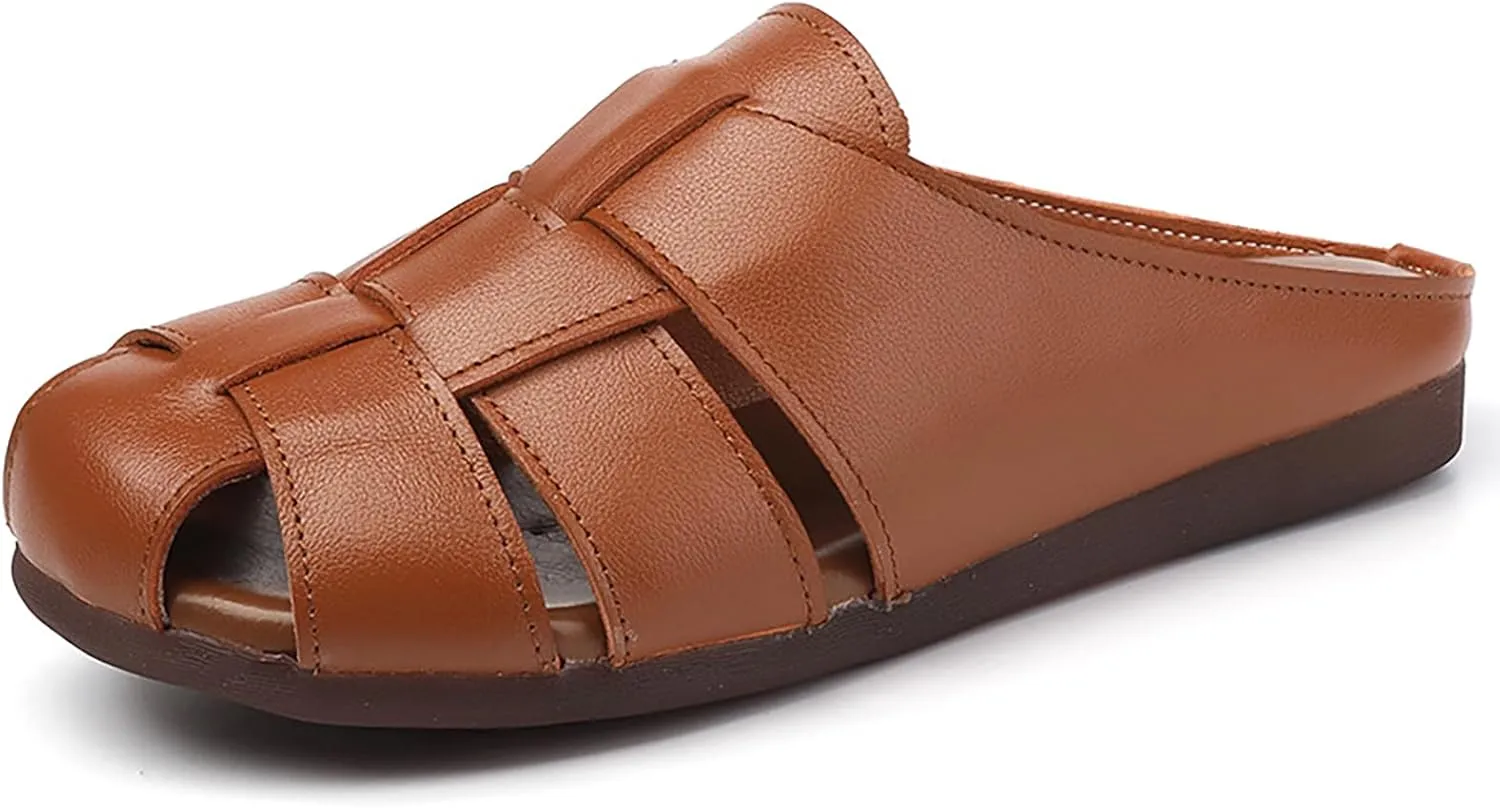 Women's Genuine Leather Woven Flat Slingback Mule Sandals Fashion Round Toe Cutout Slip On Closed Toe Fisherman Slides Summer Leisure Beach Vacation Slide Sandals