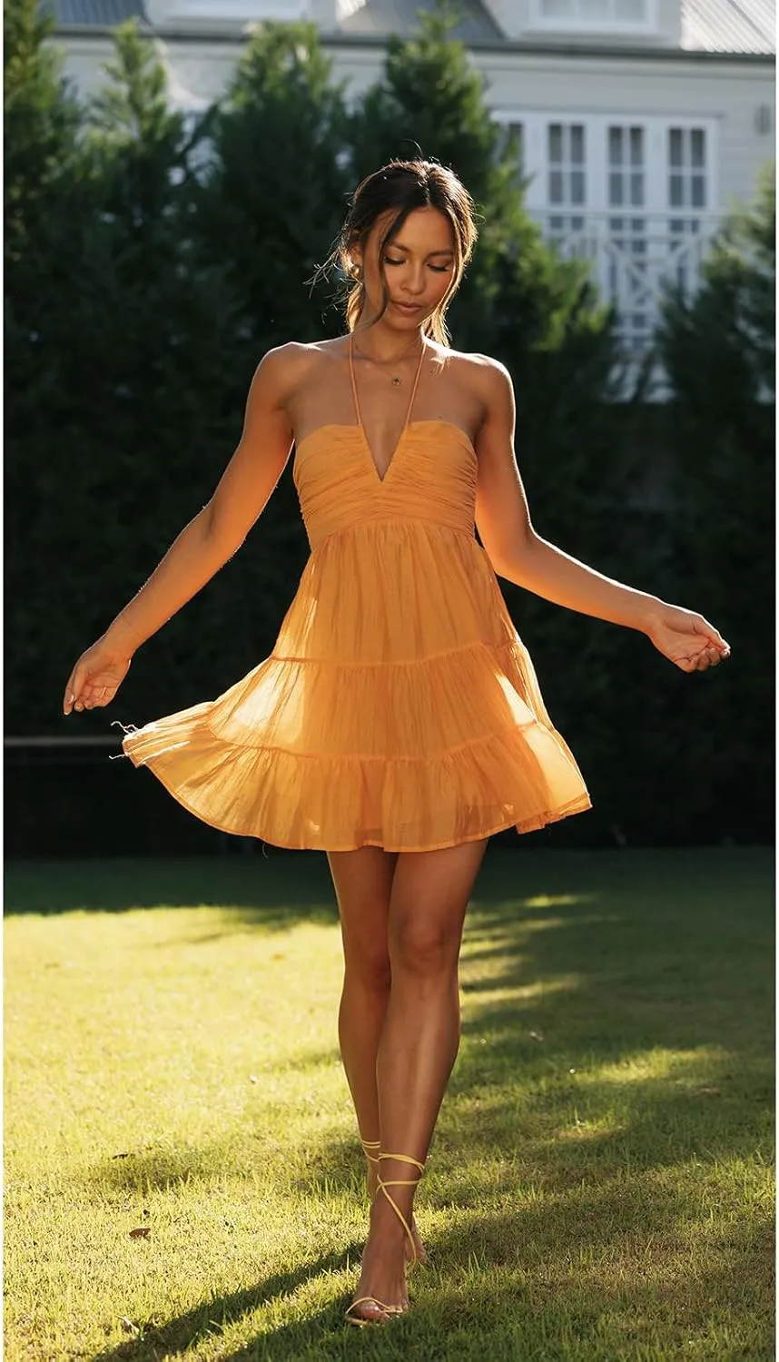 Women's Halter Deep V Neck Mini Dress Sleeveless Smocked Tiered Swing A Line Dress Backless Short Flowy Vacation Dress