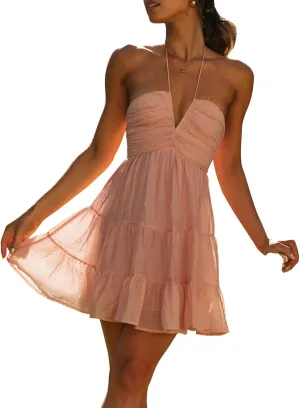 Women's Halter Deep V Neck Mini Dress Sleeveless Smocked Tiered Swing A Line Dress Backless Short Flowy Vacation Dress
