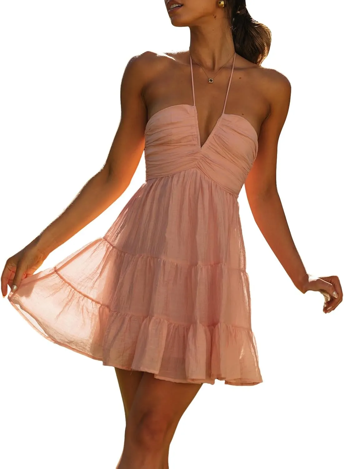 Women's Halter Deep V Neck Mini Dress Sleeveless Smocked Tiered Swing A Line Dress Backless Short Flowy Vacation Dress