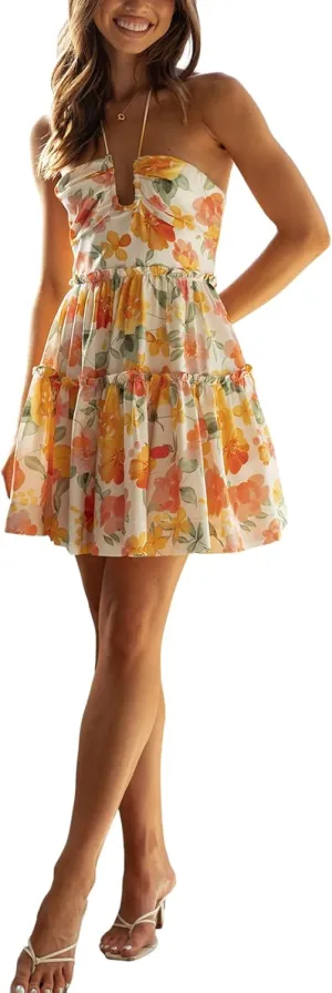 Women's Halter Deep V Neck Mini Dress Sleeveless Smocked Tiered Swing A Line Dress Backless Short Flowy Vacation Dress