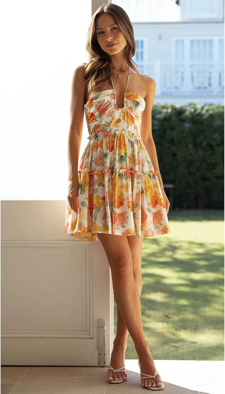 Women's Halter Deep V Neck Mini Dress Sleeveless Smocked Tiered Swing A Line Dress Backless Short Flowy Vacation Dress