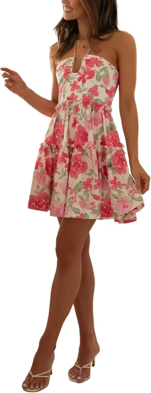 Women's Halter Deep V Neck Mini Dress Sleeveless Smocked Tiered Swing A Line Dress Backless Short Flowy Vacation Dress