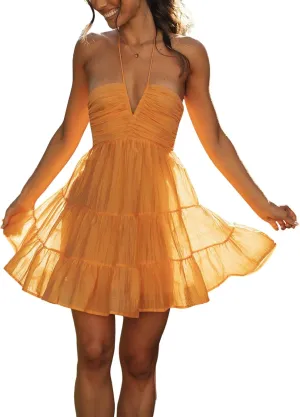 Women's Halter Deep V Neck Mini Dress Sleeveless Smocked Tiered Swing A Line Dress Backless Short Flowy Vacation Dress