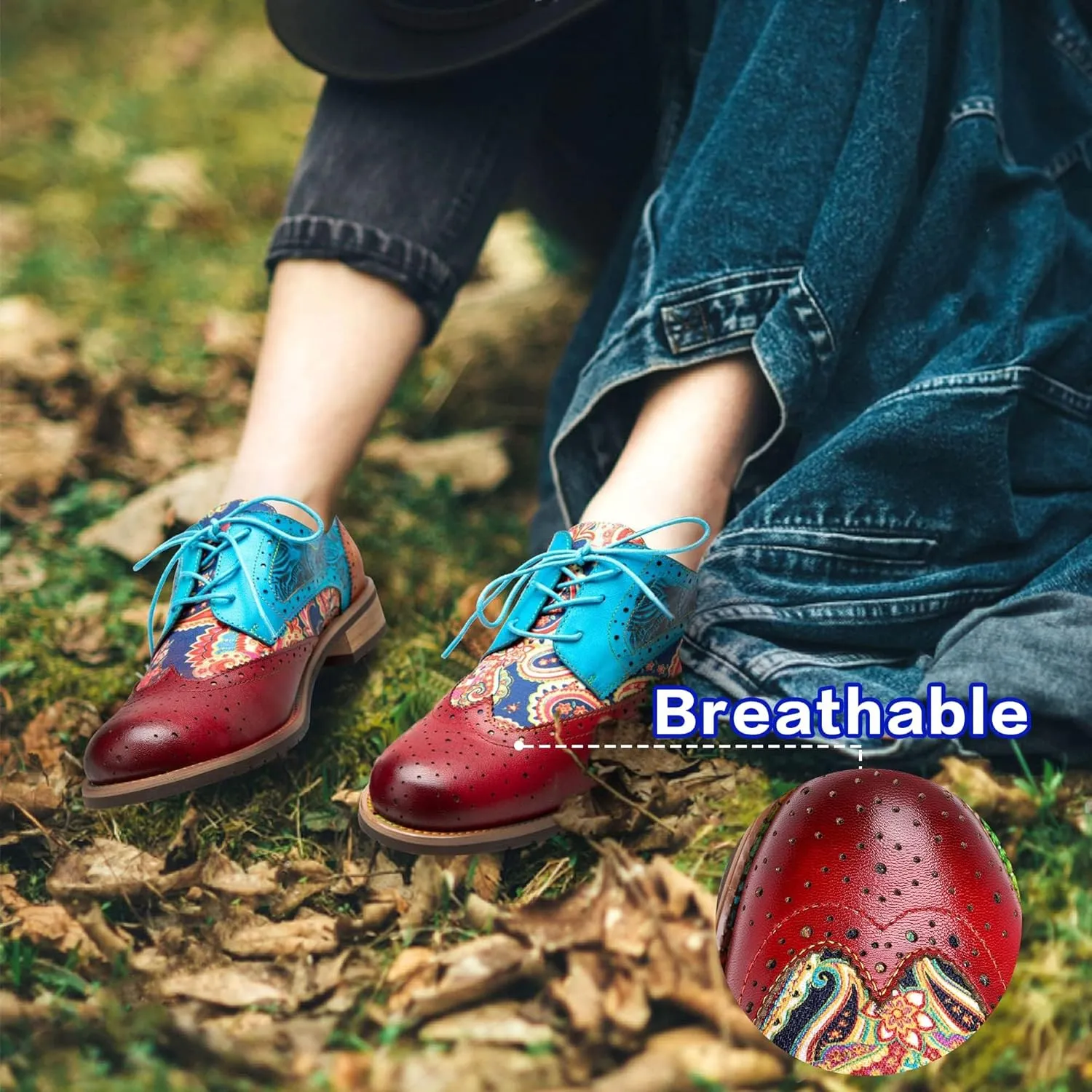 Women's Handmade Lambskin Oxford Loafers Shoes with Retro Ethnic Printed Style, Brock Design for Casual and Fashion Collegiate Style