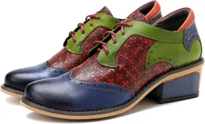 Women's Handmade Lambskin Oxford Loafers Shoes with Retro Ethnic Printed Style, Brock Design for Casual and Fashion Collegiate Style