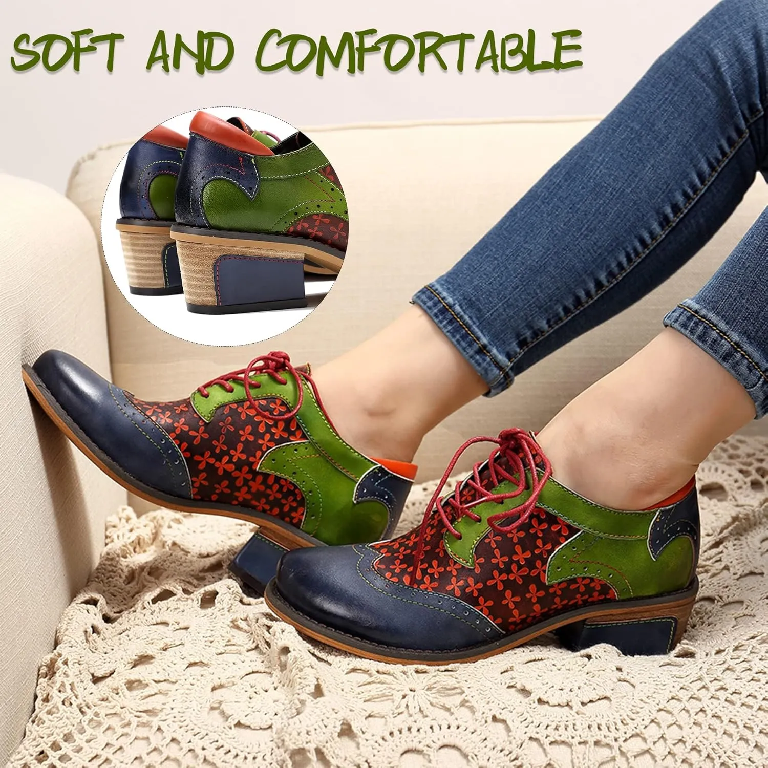 Women's Handmade Lambskin Oxford Loafers Shoes with Retro Ethnic Printed Style, Brock Design for Casual and Fashion Collegiate Style