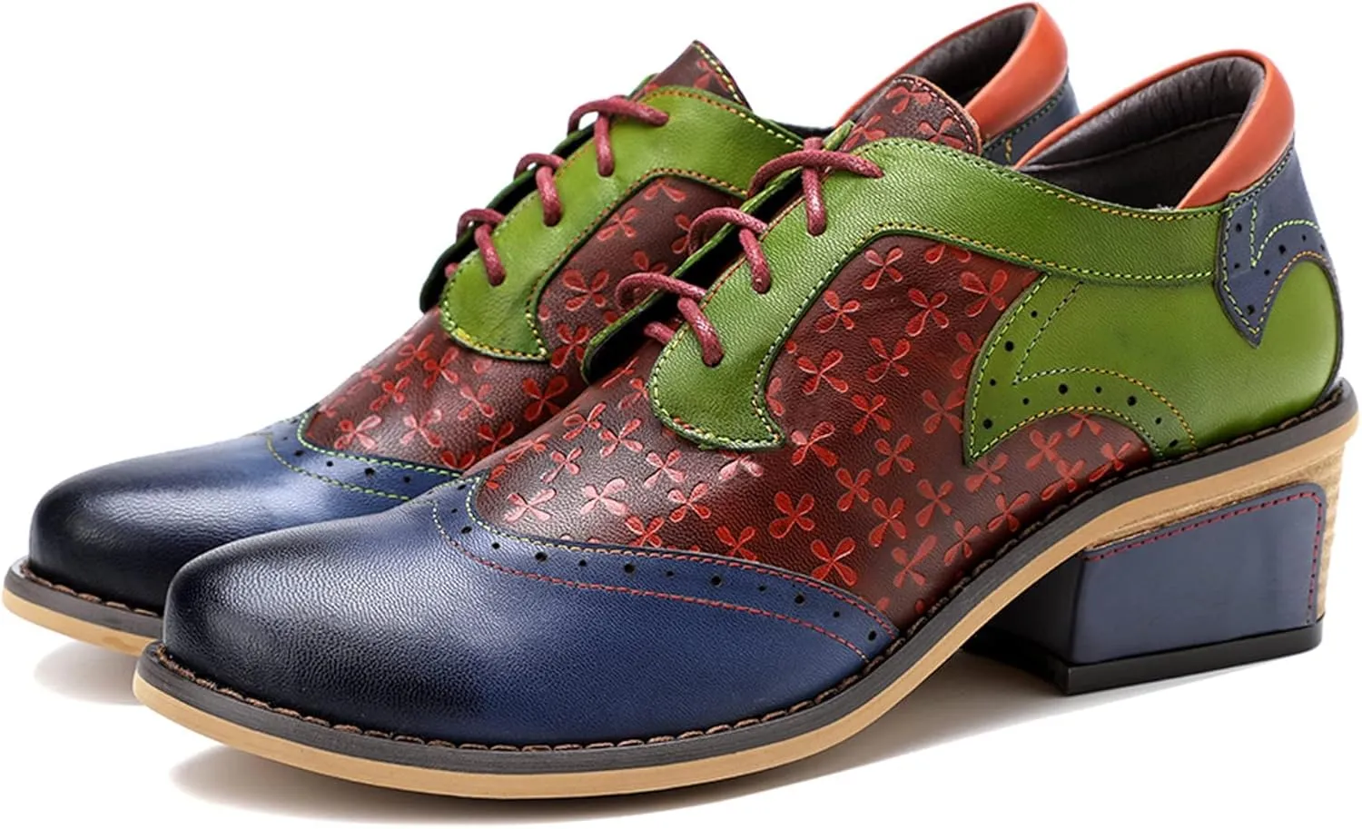 Women's Handmade Lambskin Oxford Loafers Shoes with Retro Ethnic Printed Style, Brock Design for Casual and Fashion Collegiate Style