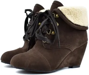 Womens High Heel Wedge Ankle Boots Lace Up Booties Autumn Winter Shoes