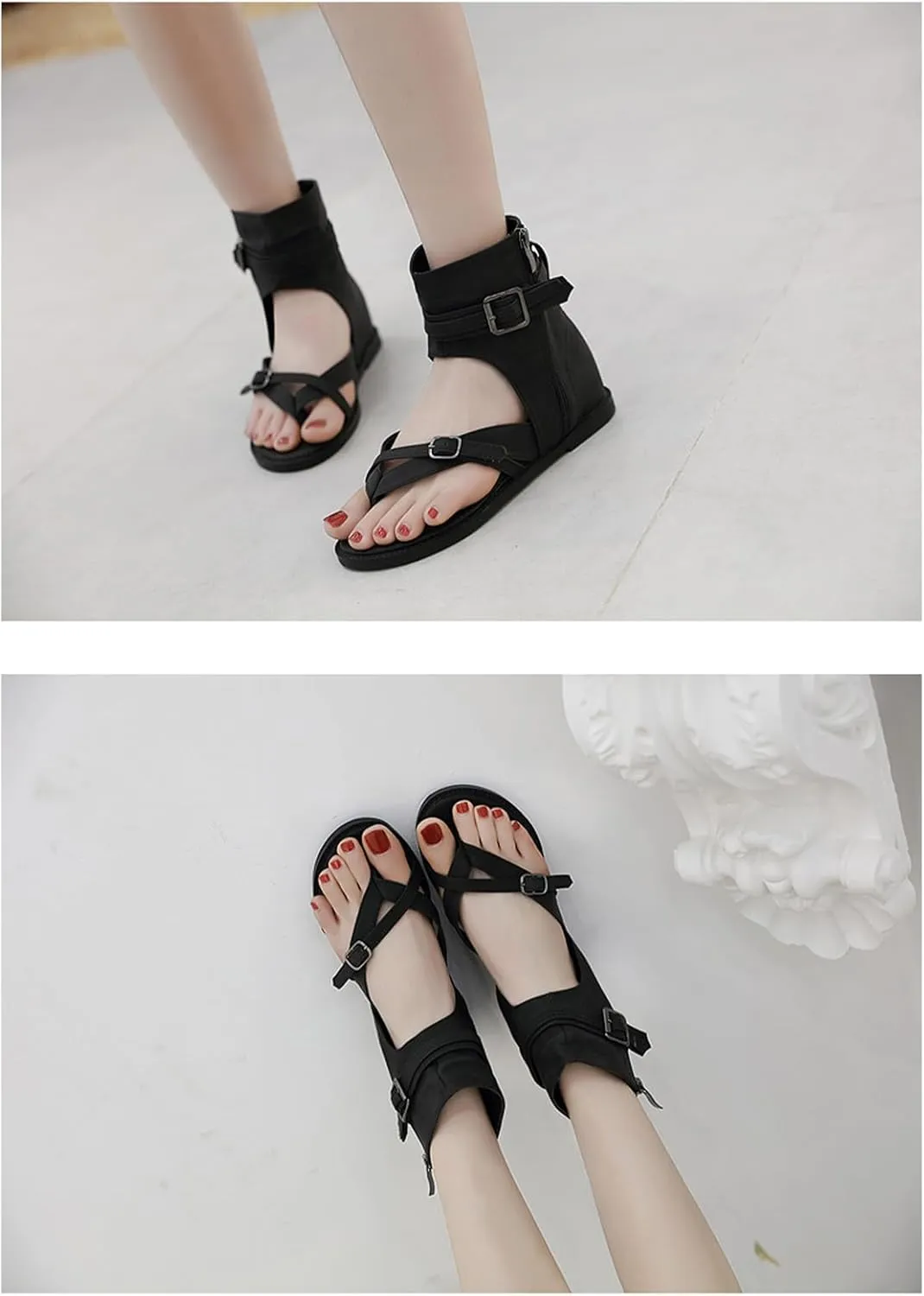 Women's High Top Clip Toe Roman Sandals with Adjustable Buckle Comfy Retro Back Zip Wedge Bohemian Gladiator Booties Summer Beach Thong Flat Flip Flops Ankle Bootie