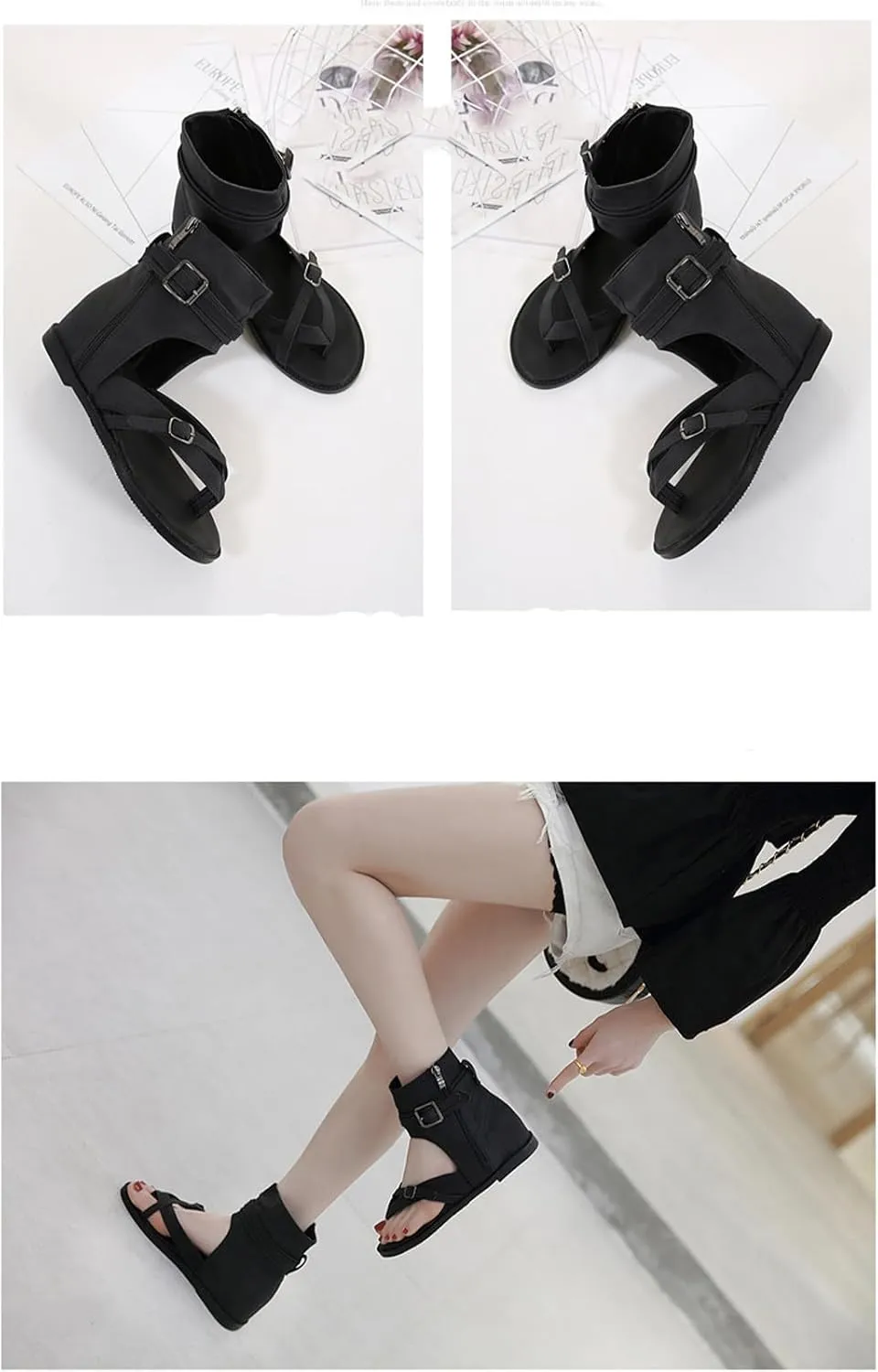 Women's High Top Clip Toe Roman Sandals with Adjustable Buckle Comfy Retro Back Zip Wedge Bohemian Gladiator Booties Summer Beach Thong Flat Flip Flops Ankle Bootie