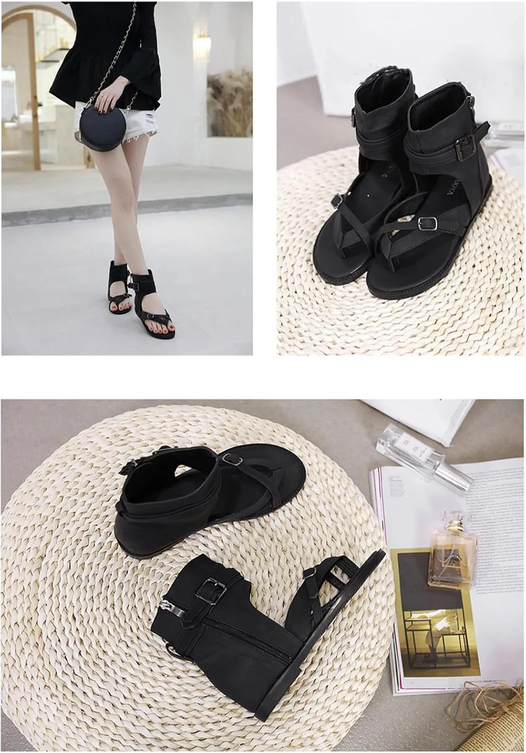 Women's High Top Clip Toe Roman Sandals with Adjustable Buckle Comfy Retro Back Zip Wedge Bohemian Gladiator Booties Summer Beach Thong Flat Flip Flops Ankle Bootie