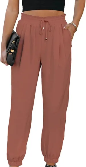 Women's High-Waisted Cropped Jogger Pants Casual Ankle Length Drawstring Waist Trousers Capri Pant with Pockets
