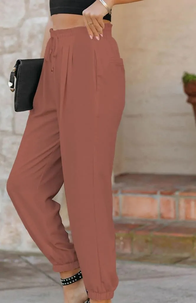 Women's High-Waisted Cropped Jogger Pants Casual Ankle Length Drawstring Waist Trousers Capri Pant with Pockets