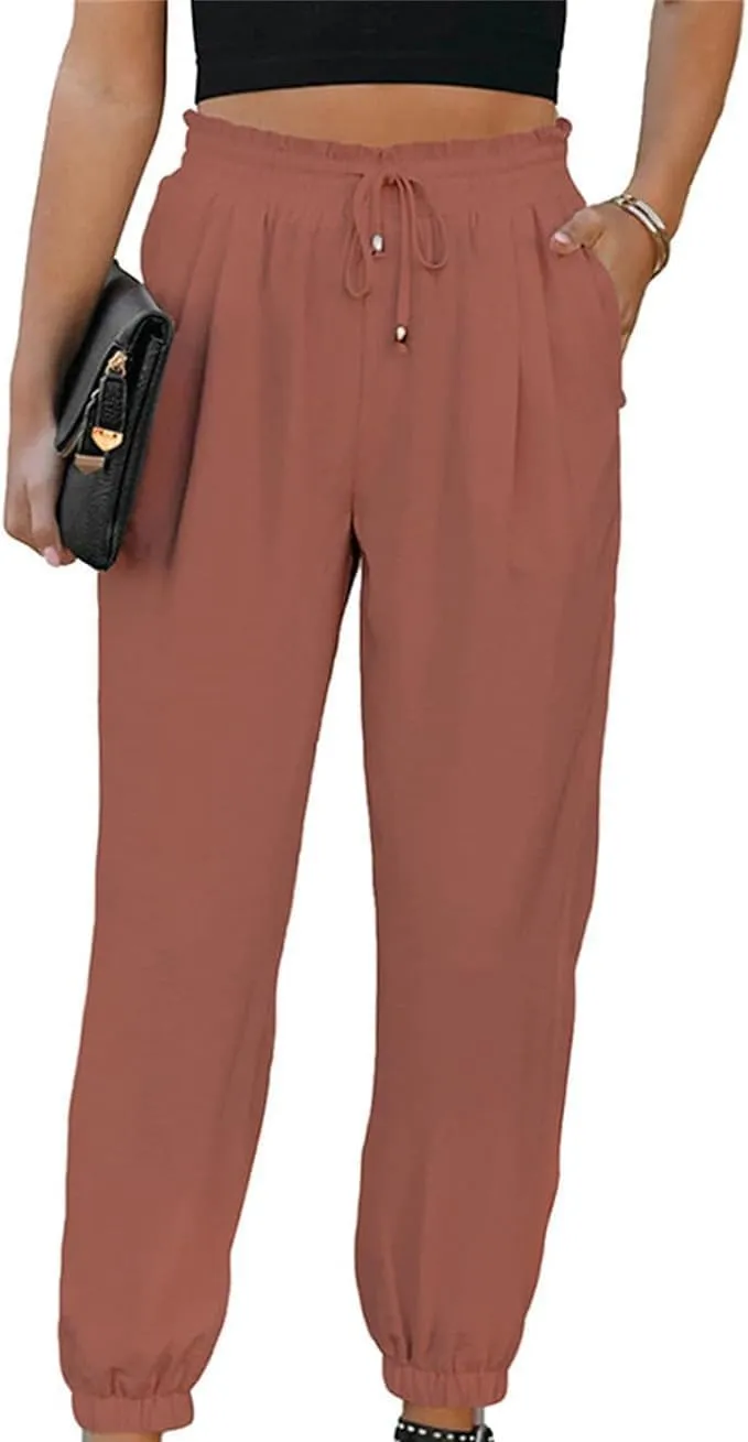 Women's High-Waisted Cropped Jogger Pants Casual Ankle Length Drawstring Waist Trousers Capri Pant with Pockets