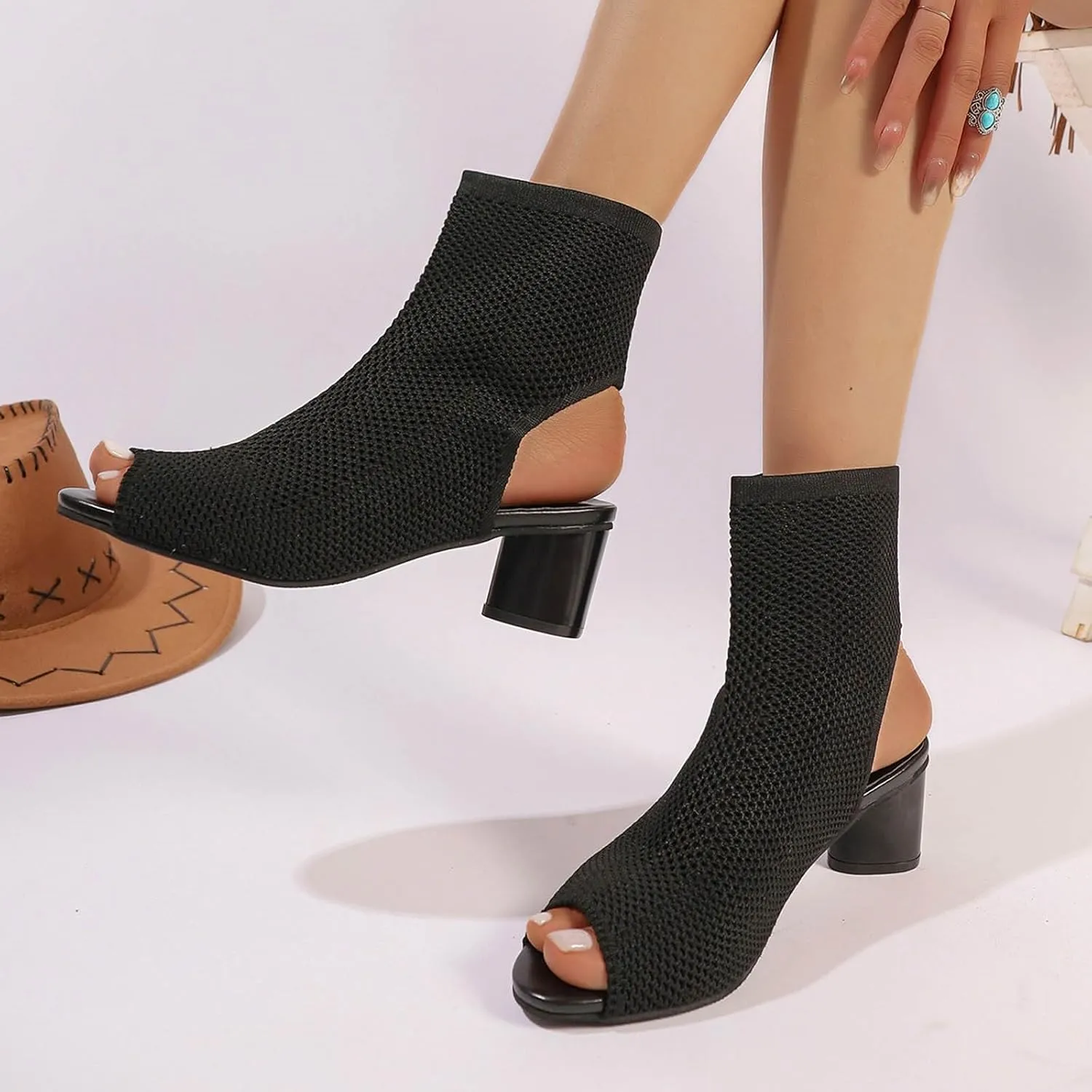 Women's Knit Toe Chunky Heel Ankle Boots Open Pointed Toe Slingback Heeled Sandals Summer High Heels for Little Girl