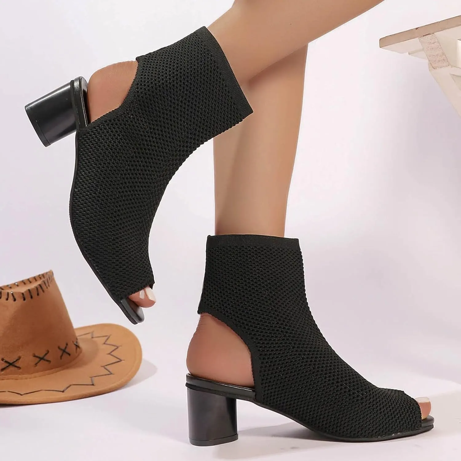 Women's Knit Toe Chunky Heel Ankle Boots Open Pointed Toe Slingback Heeled Sandals Summer High Heels for Little Girl
