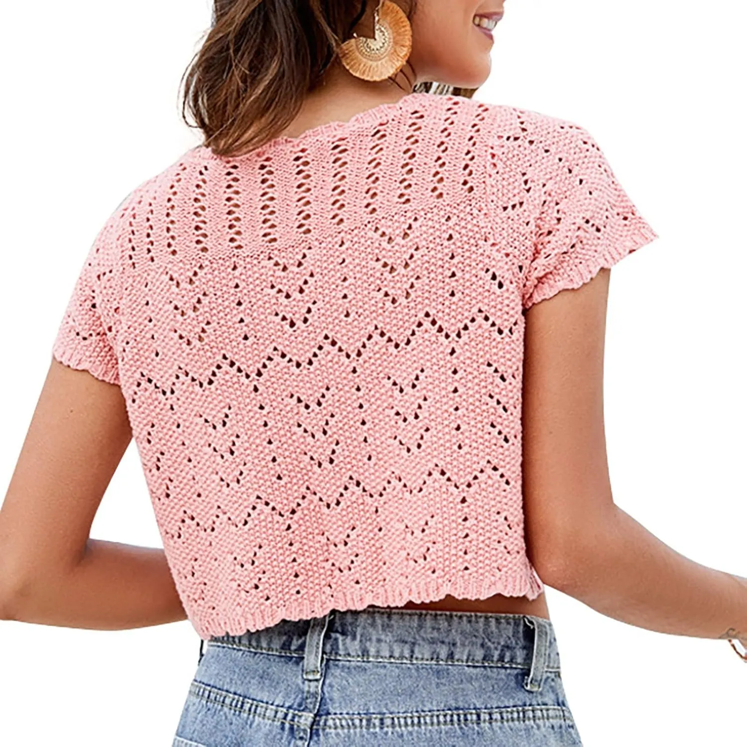 Womens Lace Crochet Crop Tops Hollow Out V Neck Short Sleeve Lacing Up Eyelet Knitted Blouse Summer Beach Solid Color Tops
