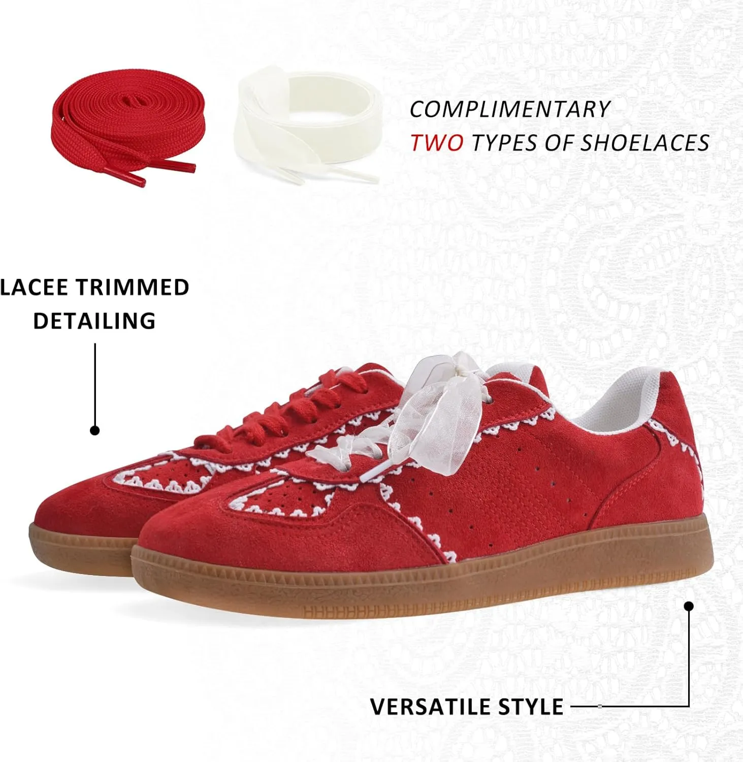 Women's Lace Detail Lace-Up Casual Sneakers - Elegant Ribbon Ribbon Lace Walking Shoes Non-Slip Sole Breathable Comfort for Daily Outfits