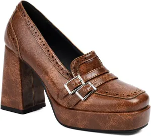Women's Leather Buckle Chunky High Heel Loafers Pumps Fashion Closed Round Toe Slip On Platform Block Heel Pumps Comfort Office Work Dressy Shoe