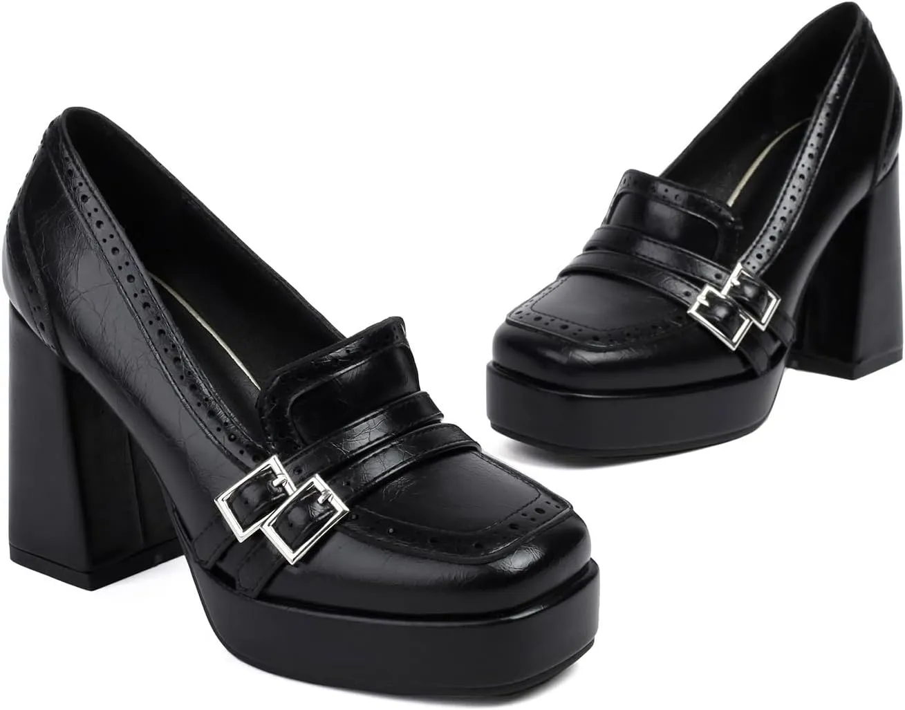 Women's Leather Buckle Chunky High Heel Loafers Pumps Fashion Closed Round Toe Slip On Platform Block Heel Pumps Comfort Office Work Dressy Shoe