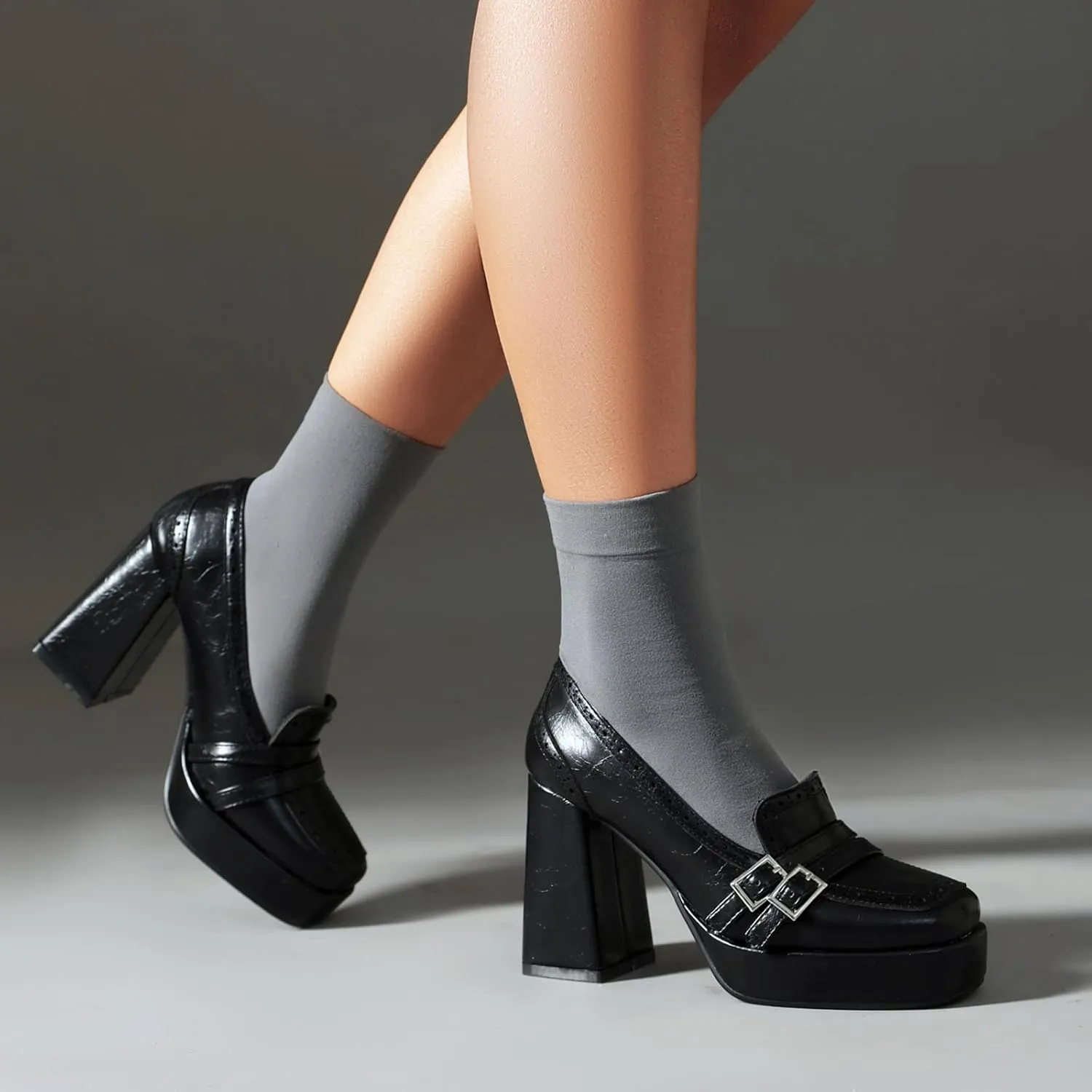 Women's Leather Buckle Chunky High Heel Loafers Pumps Fashion Closed Round Toe Slip On Platform Block Heel Pumps Comfort Office Work Dressy Shoe
