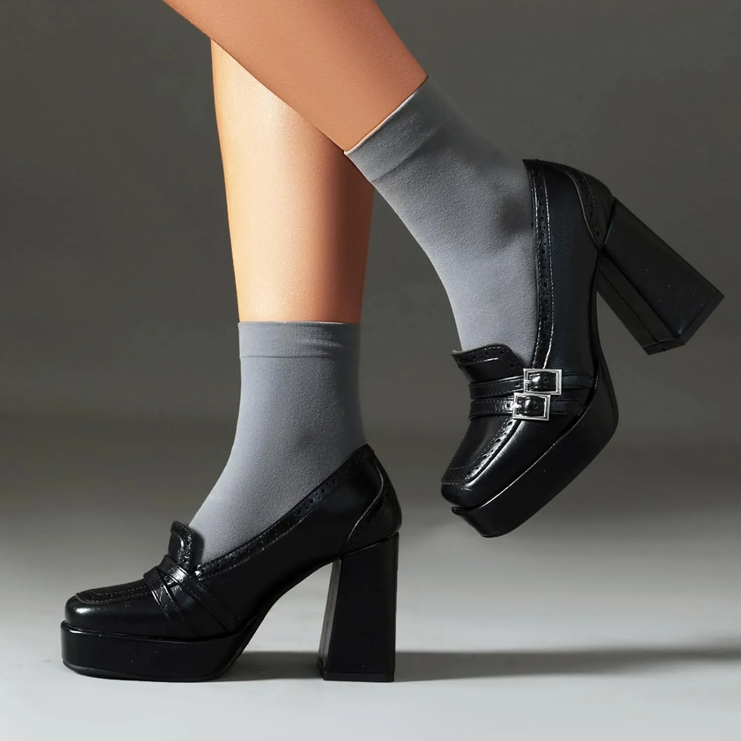 Women's Leather Buckle Chunky High Heel Loafers Pumps Fashion Closed Round Toe Slip On Platform Block Heel Pumps Comfort Office Work Dressy Shoe