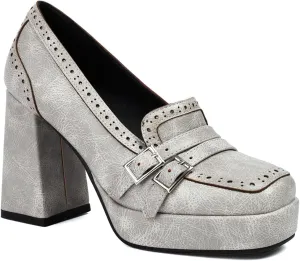 Women's Leather Buckle Chunky High Heel Loafers Pumps Fashion Closed Round Toe Slip On Platform Block Heel Pumps Comfort Office Work Dressy Shoe