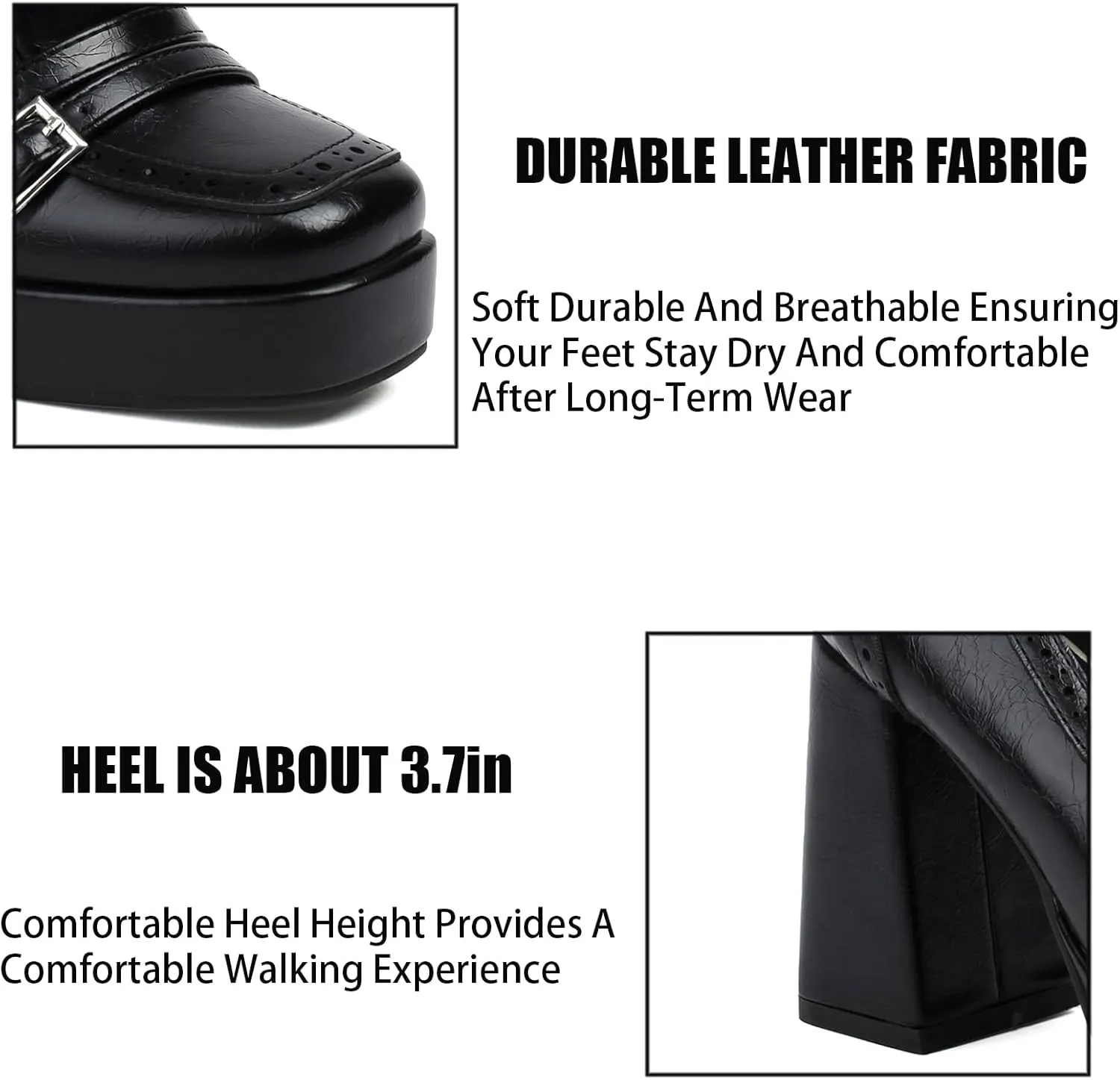 Women's Leather Buckle Chunky High Heel Loafers Pumps Fashion Closed Round Toe Slip On Platform Block Heel Pumps Comfort Office Work Dressy Shoe