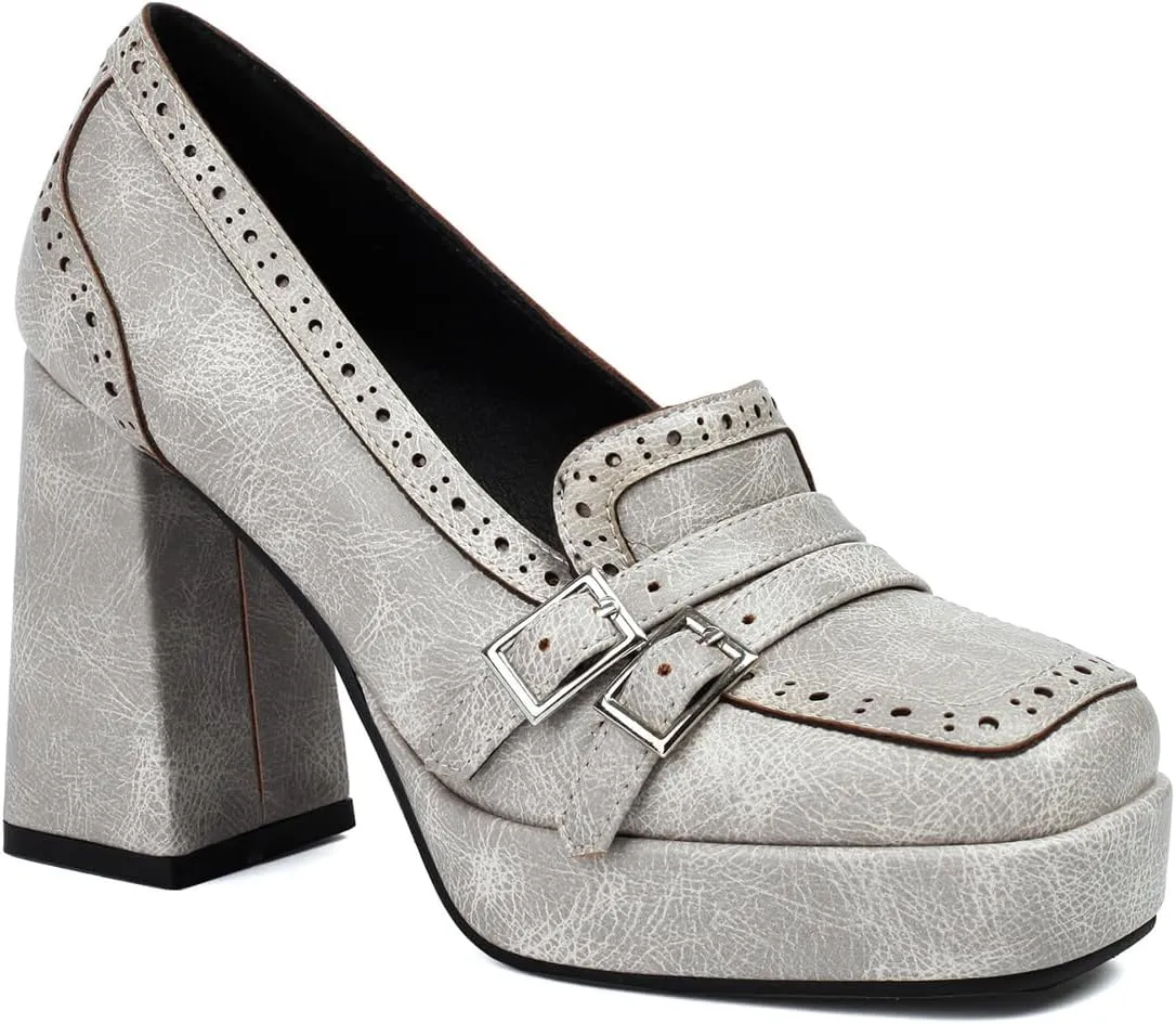 Women's Leather Buckle Chunky High Heel Loafers Pumps Fashion Closed Round Toe Slip On Platform Block Heel Pumps Comfort Office Work Dressy Shoe