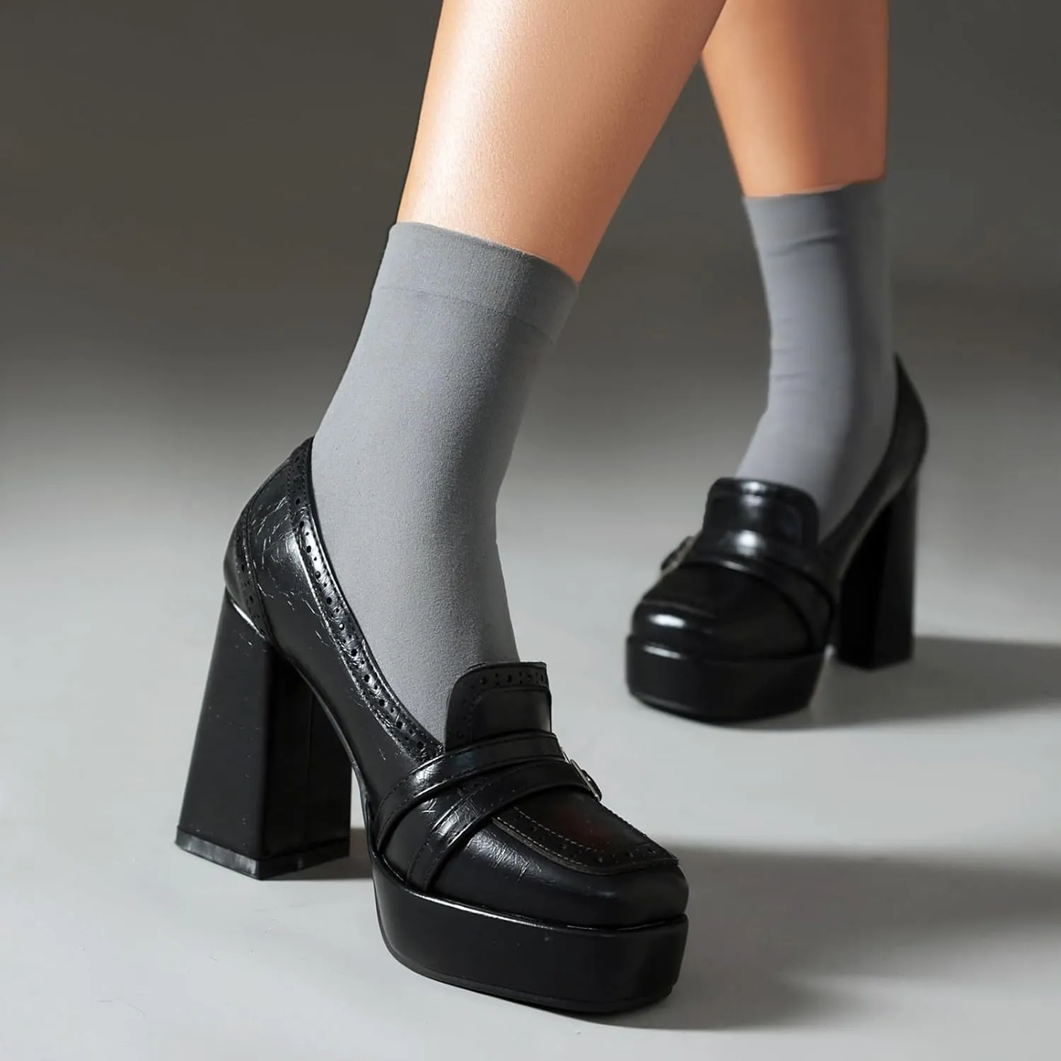 Women's Leather Buckle Chunky High Heel Loafers Pumps Fashion Closed Round Toe Slip On Platform Block Heel Pumps Comfort Office Work Dressy Shoe