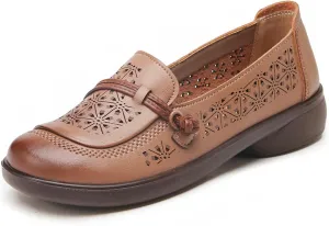 Women's Leather Cutout Flat Loafers Comfort Round Toe Slip On Softsole Walking Driving Flats Breathable Lightweight Casual Shoes