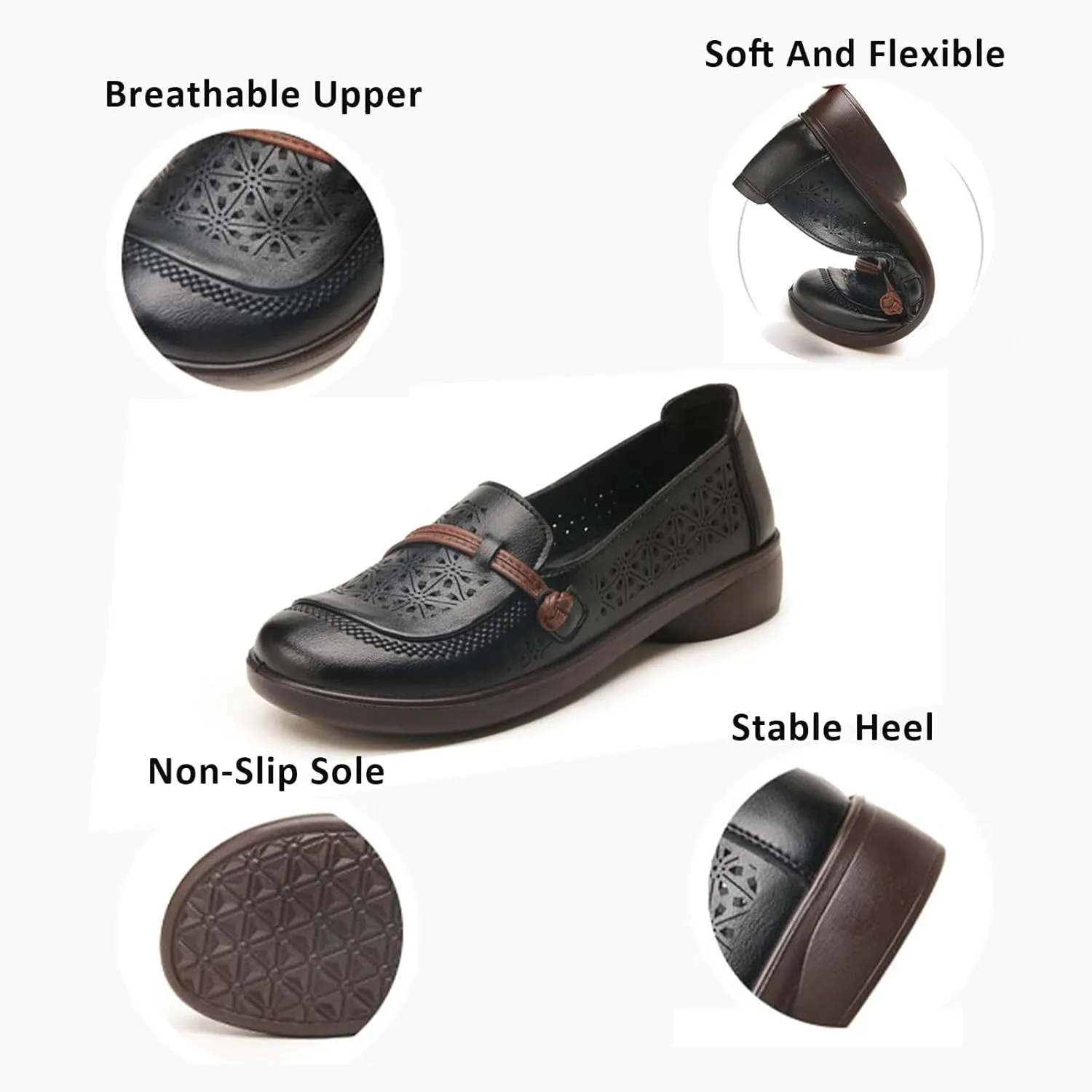 Women's Leather Cutout Flat Loafers Comfort Round Toe Slip On Softsole Walking Driving Flats Breathable Lightweight Casual Shoes
