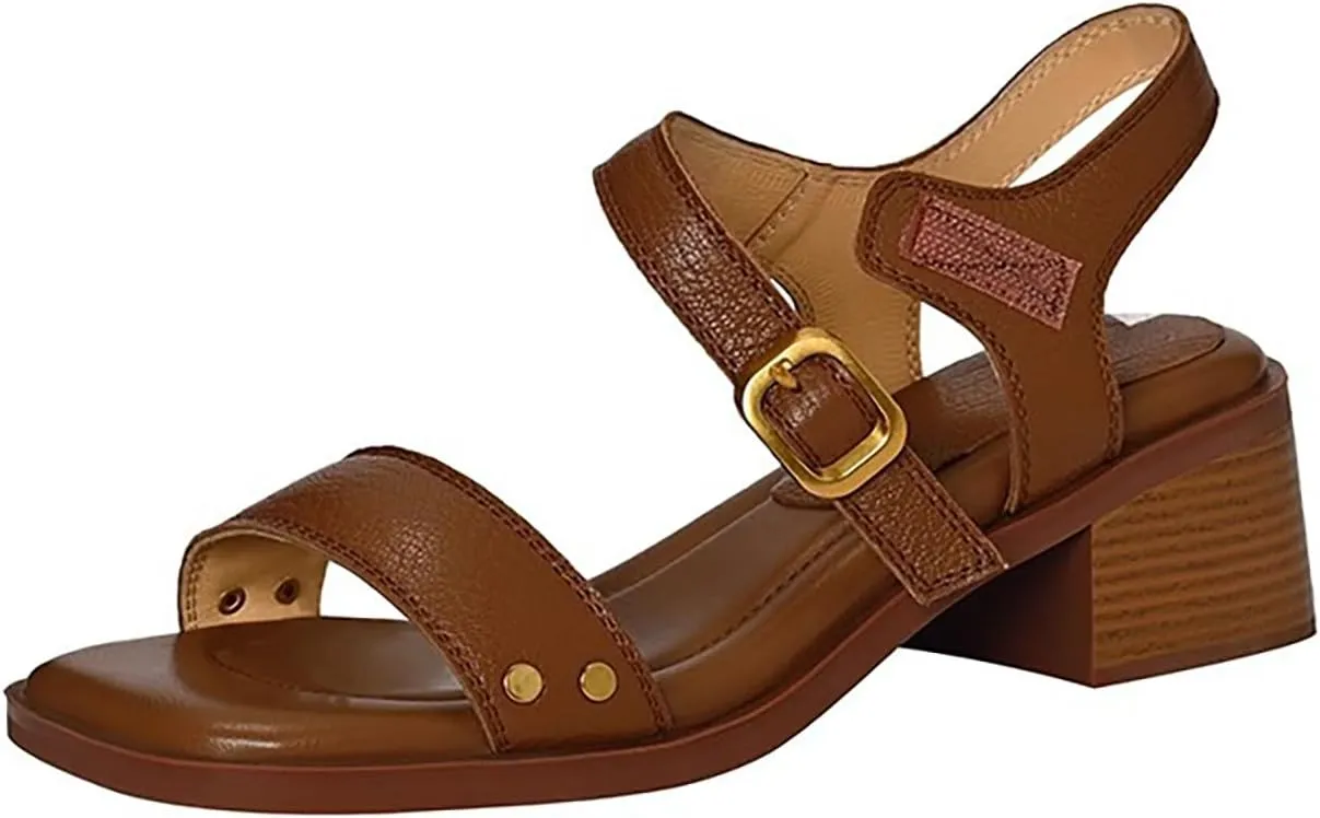 Women's Leather Strappy Hook Loop Chunky Heels Sandals Casual Comfortable Ankle Strap Square Open Toe Low Heel Dress Sandals for Daily Office Outdoor