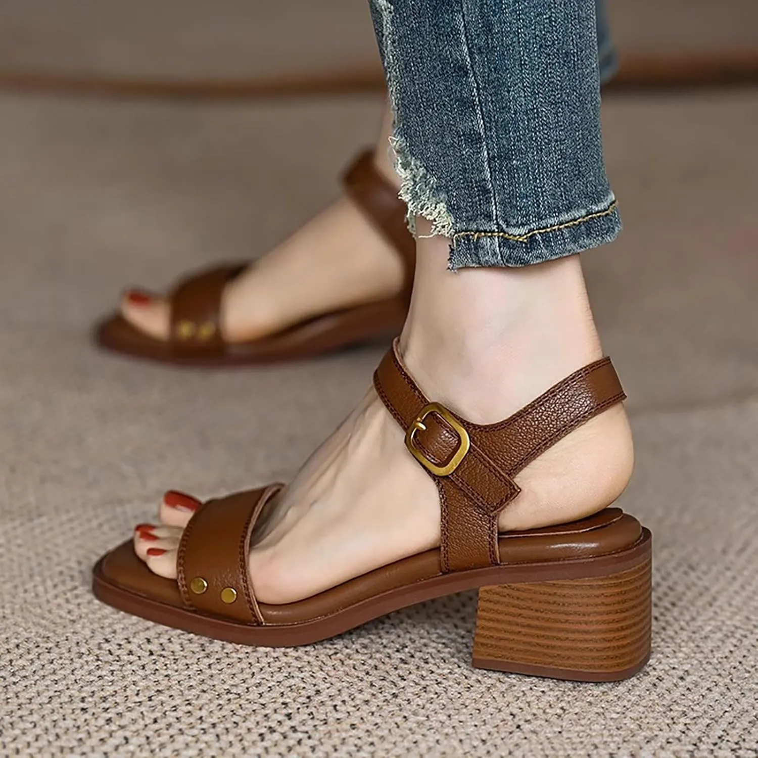 Women's Leather Strappy Hook Loop Chunky Heels Sandals Casual Comfortable Ankle Strap Square Open Toe Low Heel Dress Sandals for Daily Office Outdoor