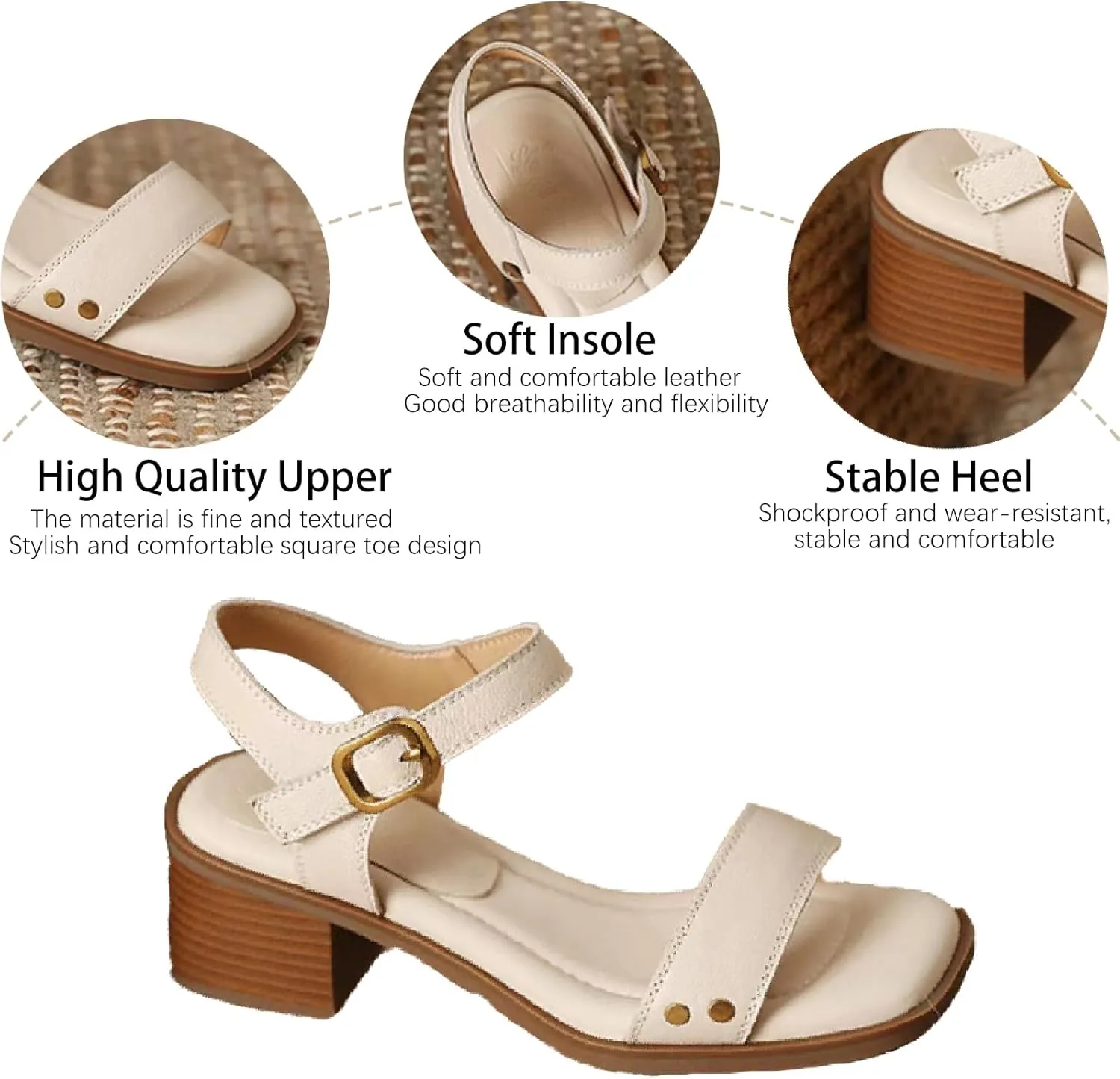 Women's Leather Strappy Hook Loop Chunky Heels Sandals Casual Comfortable Ankle Strap Square Open Toe Low Heel Dress Sandals for Daily Office Outdoor