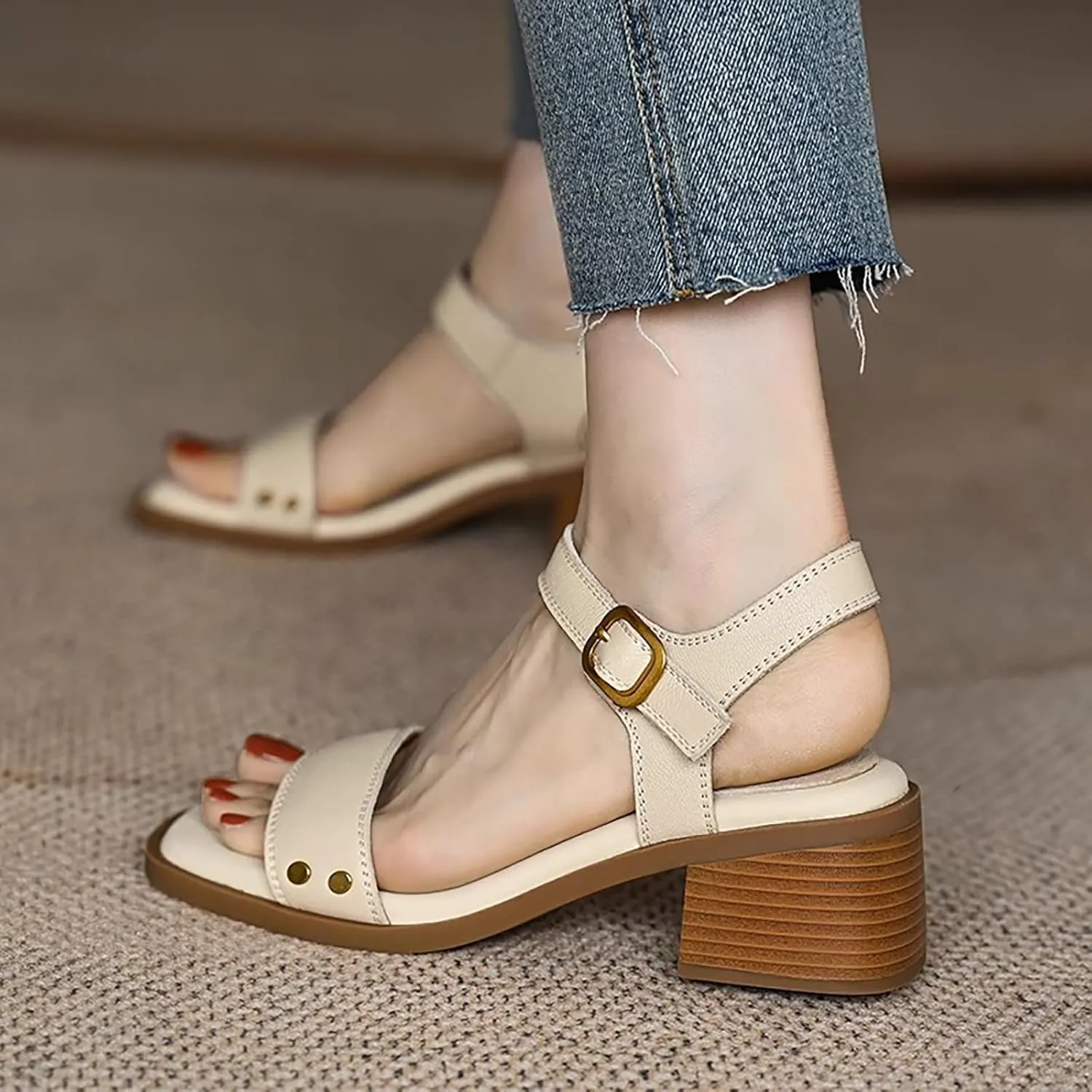 Women's Leather Strappy Hook Loop Chunky Heels Sandals Casual Comfortable Ankle Strap Square Open Toe Low Heel Dress Sandals for Daily Office Outdoor
