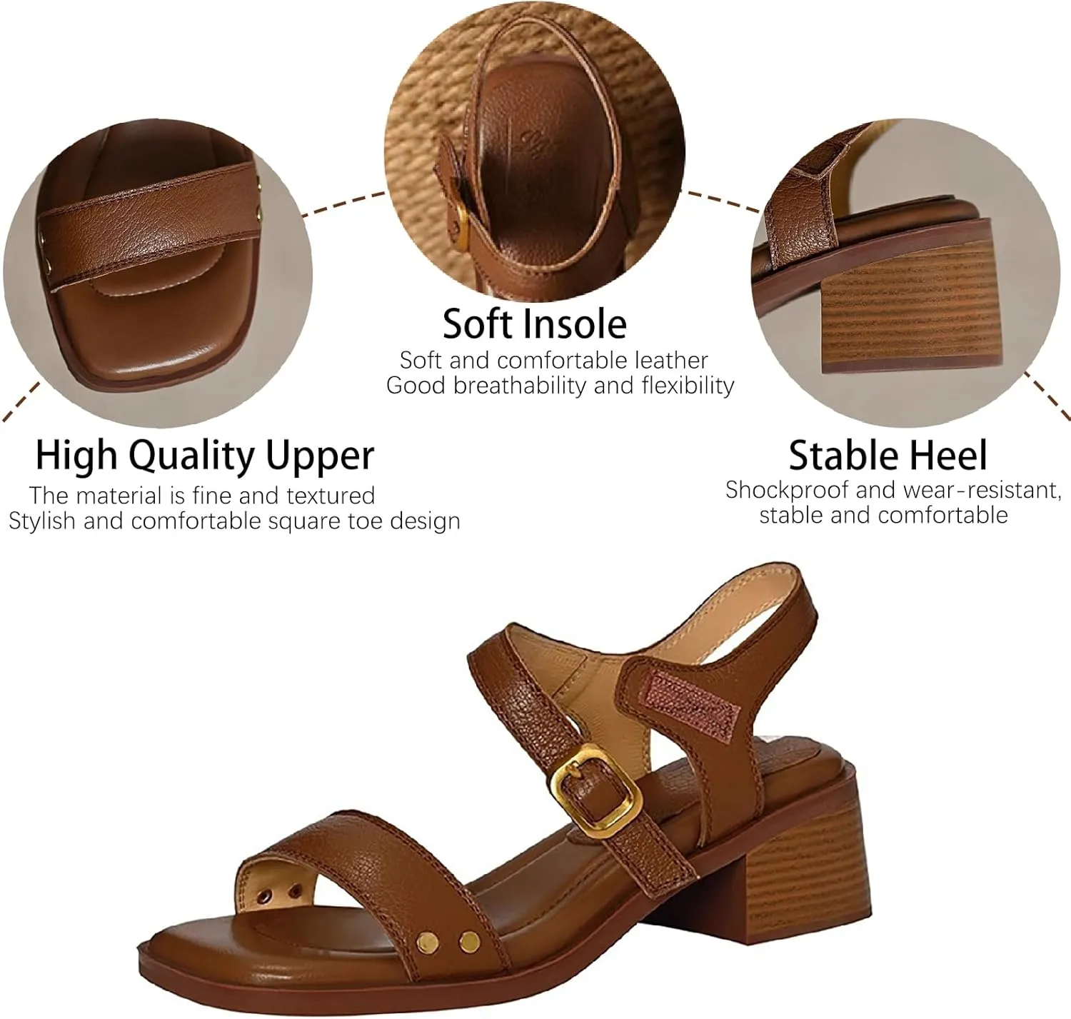 Women's Leather Strappy Hook Loop Chunky Heels Sandals Casual Comfortable Ankle Strap Square Open Toe Low Heel Dress Sandals for Daily Office Outdoor
