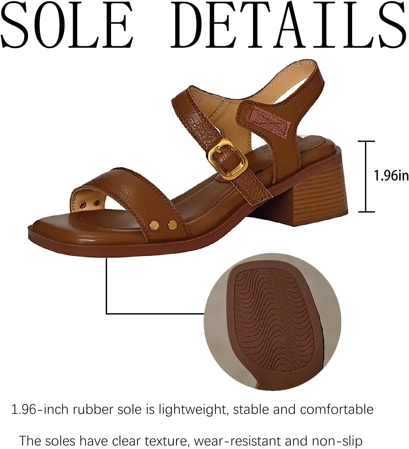 Women's Leather Strappy Hook Loop Chunky Heels Sandals Casual Comfortable Ankle Strap Square Open Toe Low Heel Dress Sandals for Daily Office Outdoor