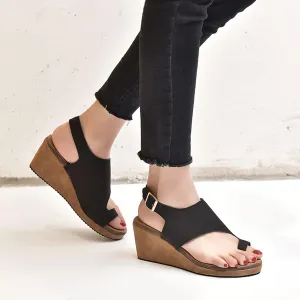 Womens Leather Wedges Sandals Open Toe Lace Up Platform Ankle Strap Summer Shoes Ring Toe Casual Bunion Flip Flops Shoes Orthopedic Correction Sandals,Black,US9/EU41