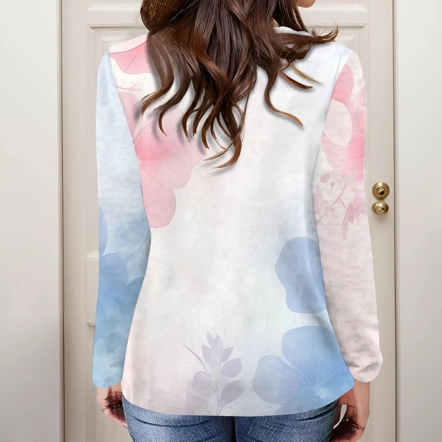 Women's Long Sleeve Casual Sweatshirt Sexy U Neck Tunic Top Fall Fashion Curve Fit Basic Teen Girls Printed Clothing