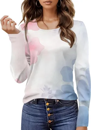 Women's Long Sleeve Casual Sweatshirt Sexy U Neck Tunic Top Fall Fashion Curve Fit Basic Teen Girls Printed Clothing