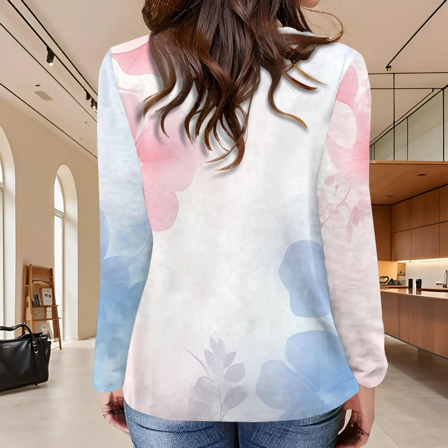 Women's Long Sleeve Casual Sweatshirt Sexy U Neck Tunic Top Fall Fashion Curve Fit Basic Teen Girls Printed Clothing