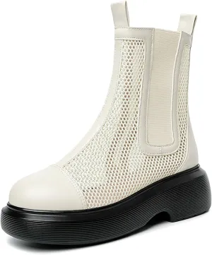 Women's Mesh Platform Chelsea Boots Summer Breathable Elastic Round Toe Side Zipper Ankle Booties Fashionable Mid Calf Sandals Boots