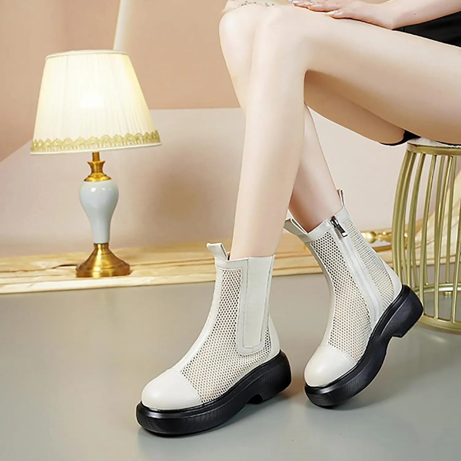 Women's Mesh Platform Chelsea Boots Summer Breathable Elastic Round Toe Side Zipper Ankle Booties Fashionable Mid Calf Sandals Boots