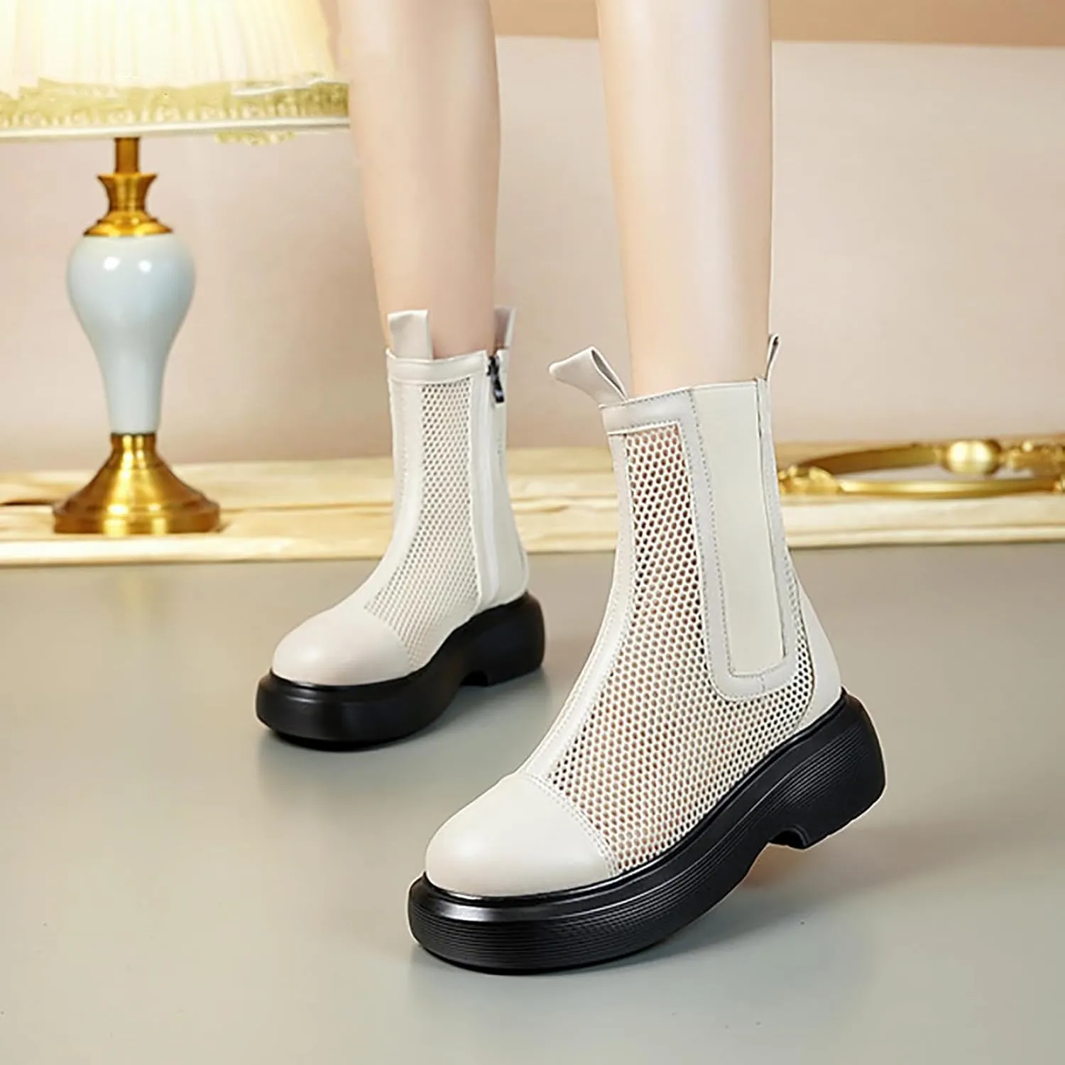 Women's Mesh Platform Chelsea Boots Summer Breathable Elastic Round Toe Side Zipper Ankle Booties Fashionable Mid Calf Sandals Boots
