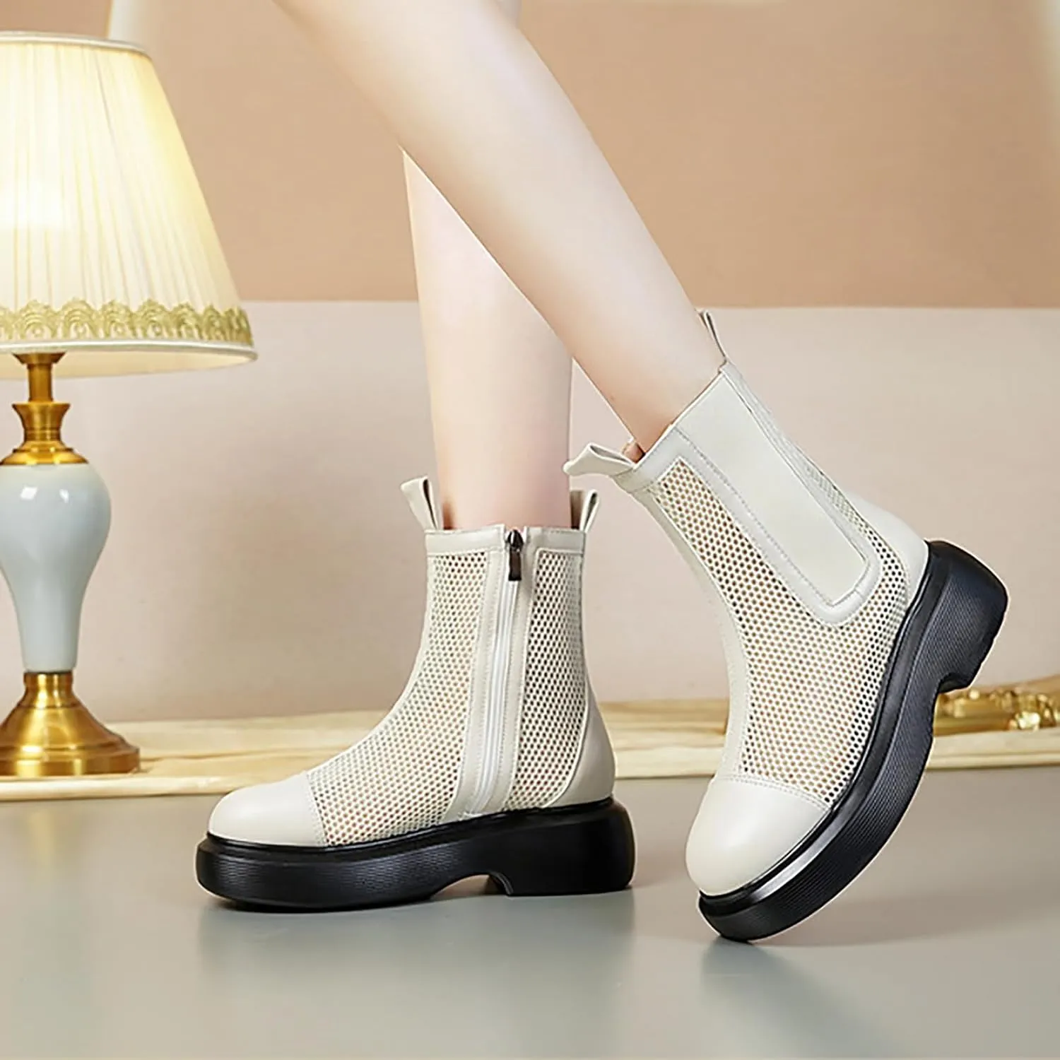Women's Mesh Platform Chelsea Boots Summer Breathable Elastic Round Toe Side Zipper Ankle Booties Fashionable Mid Calf Sandals Boots